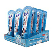 Retail display pack of Aquafresh toothpaste for GlaxoSmithKline.